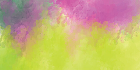 Colorful watercolor background of abstract sunset sky with puffy clouds in bright rainbow colors of pink green blue yellow