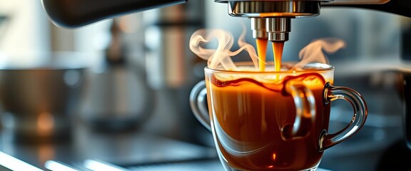 Aroma of freshly brewed coffee from a machine, steam rising, beverage, aroma