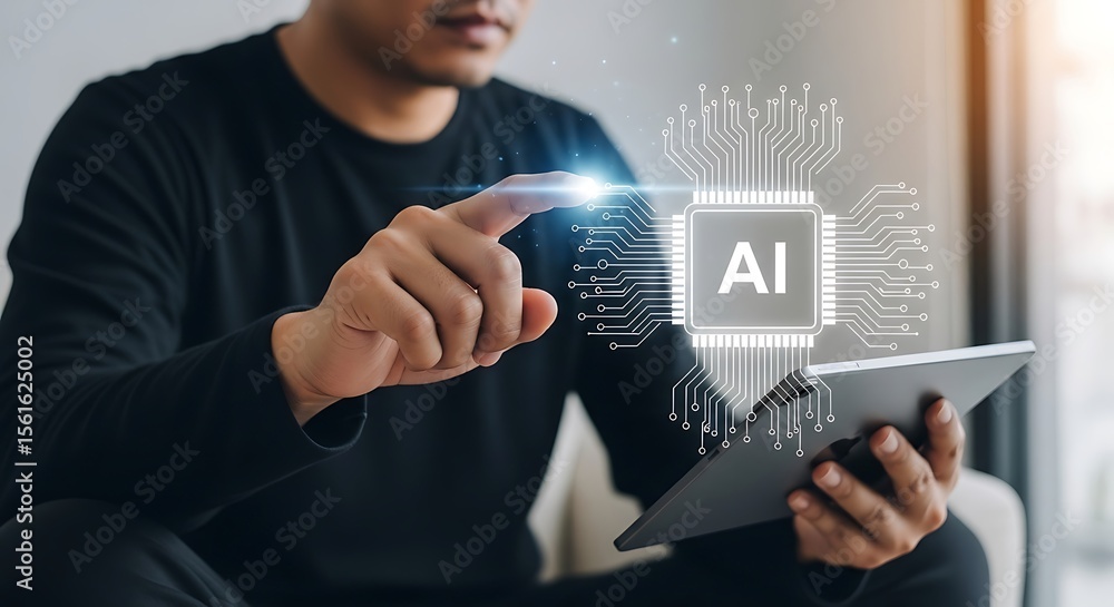 Poster businessman interacting with artificial intelligence graphic using digital tablet for innovation and