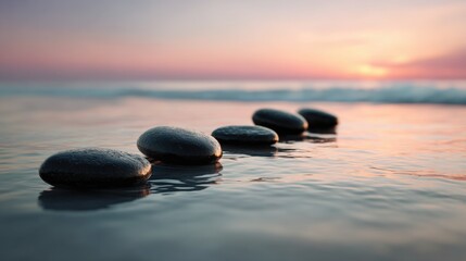 Peaceful beach scene with smooth stones in water during sunset with colorful sky.