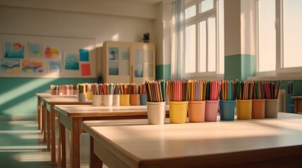Bright colorful classroom with tables filled with pencils and art supplies for children learning.