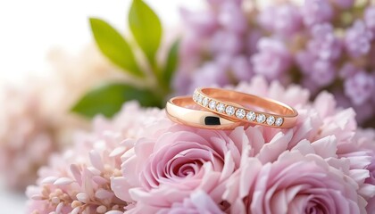 Elegant golden wedding ring adorned with delicate pink blooms and babybreath on a clean white background. Perfect for wedding invitations, jewelry catalogs, or bridal promotions.