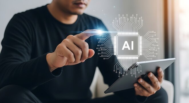 Businessman interacting with artificial intelligence graphic using digital tablet for innovation and technology.