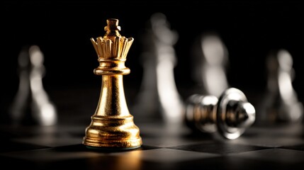 Close-up of a gold chess queen piece standing upright with fallen king in background on a dark reflective surface.
