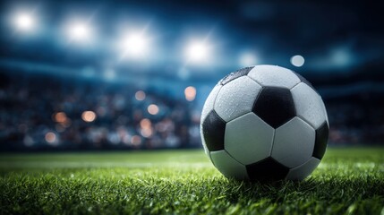 Obraz premium Close-up view of a black and white classic soccer ball on lush green field under stadium lights during match.