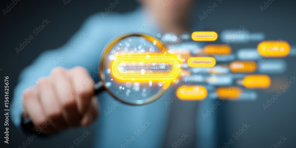 Poster businessman in blue suit using holographic data visualization interface with digital icons.