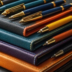Stacked leather-bound notebooks with pens