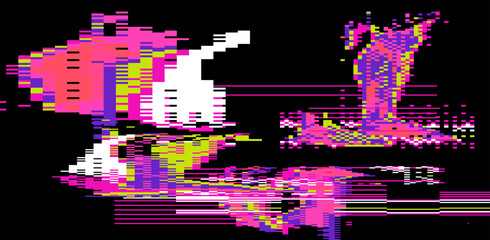 Vibrant glitch-art vector with pink, yellow, and purple blocks. Modern, trendy, digital abstract art in pixelated style. Dynamic rectangles, jagged lines, and erratic bursts dominate.