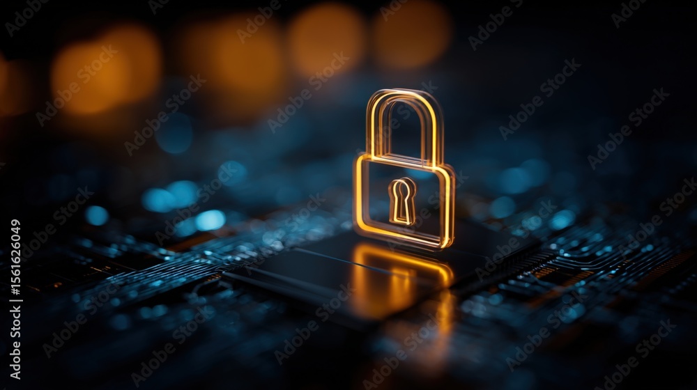 Aufkleber Digital Security Lock Icon on Circuit Board with Glowing Lines and Background Lights.