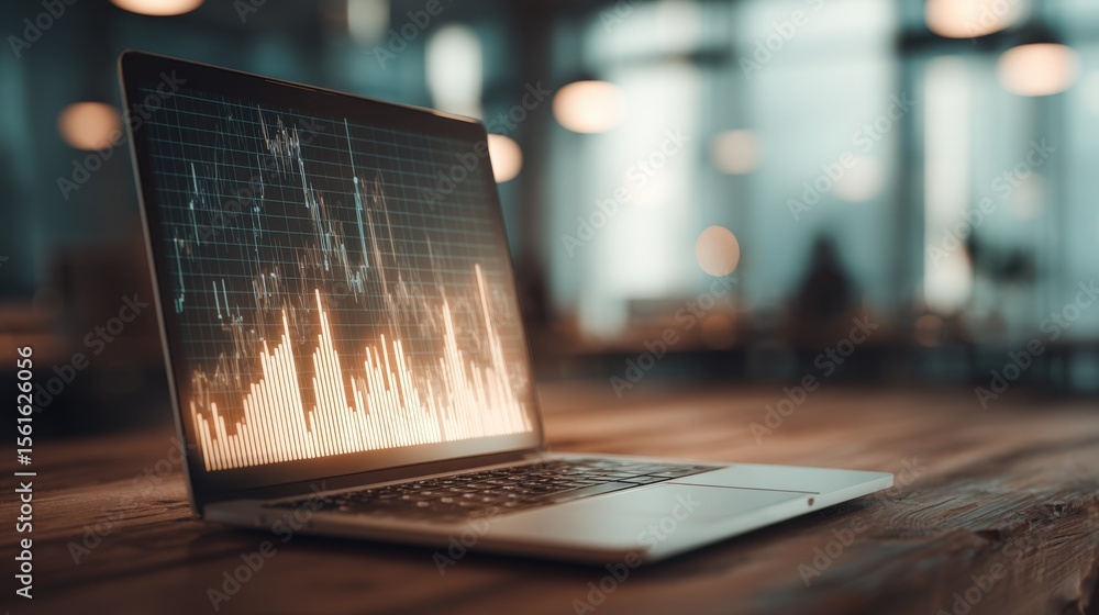 Poster Modern laptop displaying detailed financial graph chart with digital data visualization.