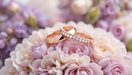 Elegant golden wedding ring adorned with delicate pink blooms and babybreath on a clean white background. Perfect for wedding invitations, jewelry catalogs, or bridal promotions.