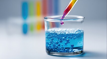 Laboratory experiment with a glass beaker containing blue liquid and a dropper.