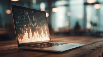 Modern laptop displaying detailed financial graph chart with digital data visualization.