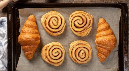 Fototapeta premium Baked croissants and cinnamon rolls on baking sheet, ready to eat