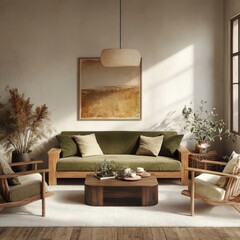 Light-filled living room with natural elements