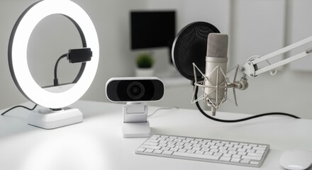 Modern Home Studio Setup with Ring Light, Webcam, and Microphone