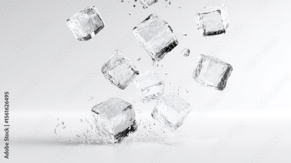 Poster clear ice cubes falling with splash and motion blur isolated on white background.