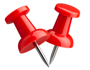 Set of Two Bright Red Thumbtacks in Smooth 3D Plastic Style, Transparent PNG