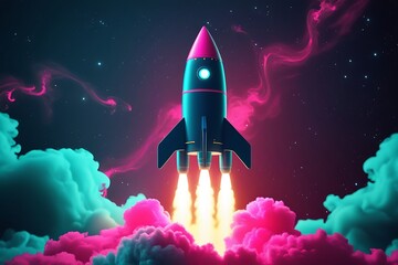 Fototapeta premium Retro Rocket Launching Through Pink and Teal Nebula Clouds