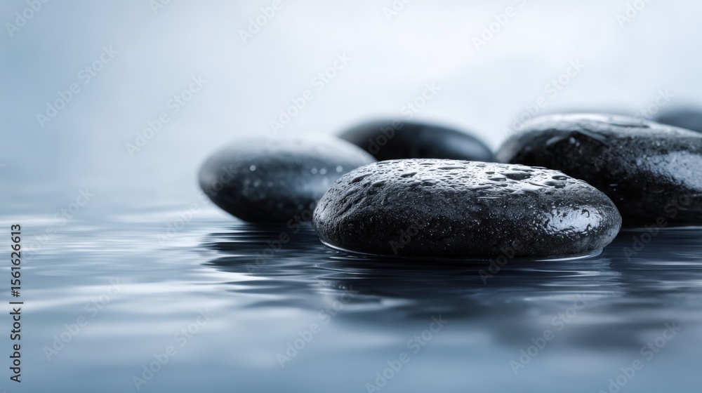 Poster close-up of smooth wet black stones floating on calm reflective water surface scene.