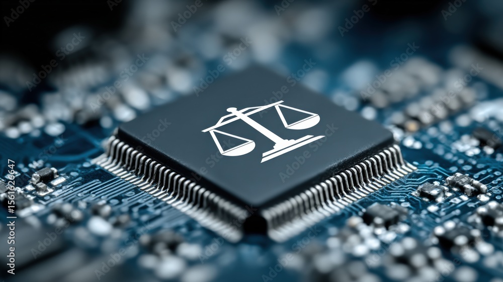 Poster close-up of a computer chip with a legal scales icon on a blue circuit board background.