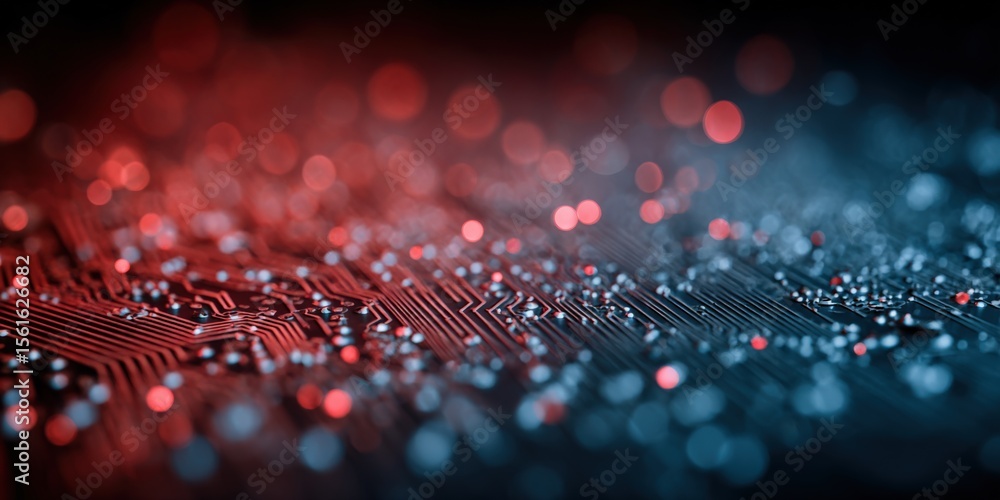 Poster Abstract digital technology background with glowing lines and vibrant bokeh lights.