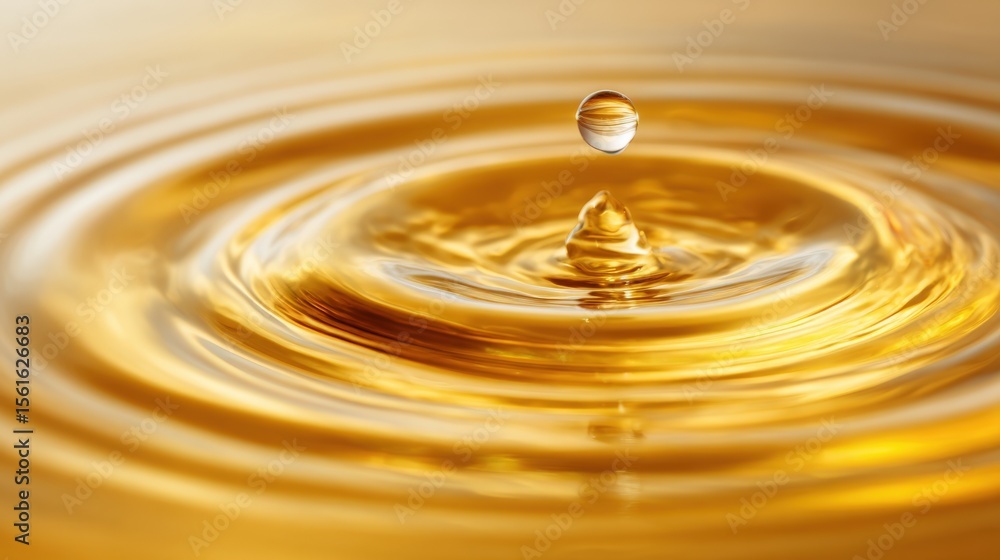 Poster close-up of a single water droplet splashing into golden liquid creating ripples and reflection.