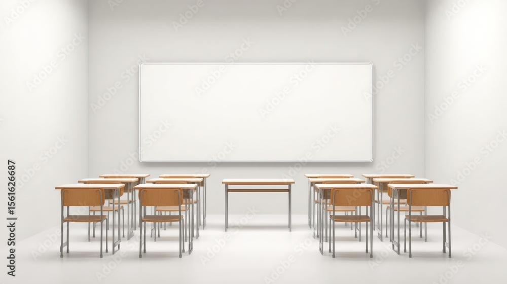 Poster Empty classroom with rows of wooden desks and a blank whiteboard on clean wall.