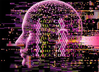Modern glitch-art vector of a pink digital human head, pixelated shapes, and scattered yellow, orange, purple glitches. Abstract, vibrant, with dynamic horizontal lines.