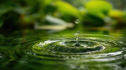 Close-up of water droplet falling into pond with ripples and green aquatic plants.