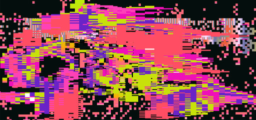 Vibrant glitch-art vector with pink, yellow, and purple blocks. Modern, trendy, digital abstract art in pixelated style. Dynamic rectangles, jagged lines, and erratic bursts dominate.