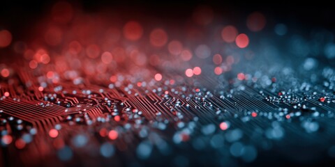 Fototapeta premium Abstract digital technology background with glowing lines and vibrant bokeh lights.