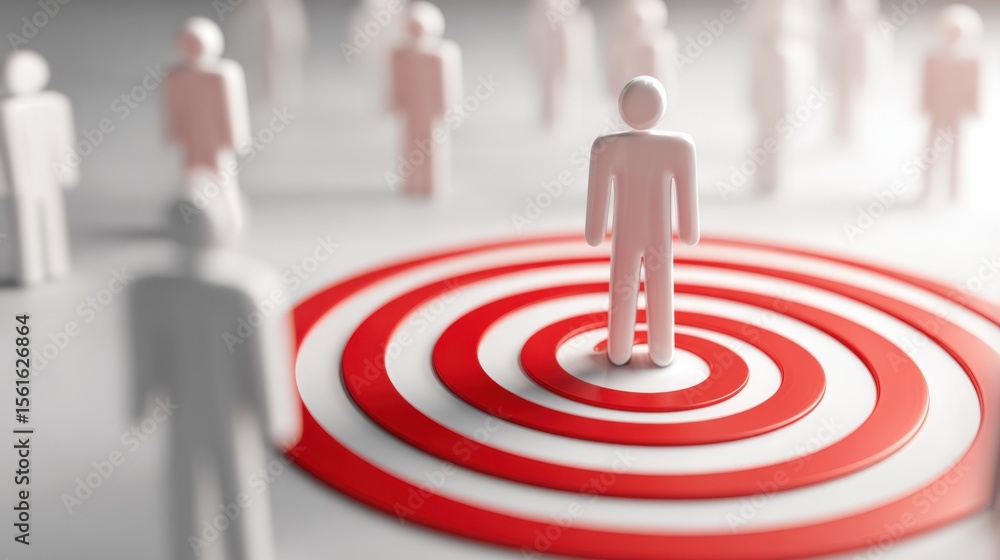 Poster several 3d human figures with focus on one standing on target at center of bullseye pattern.
