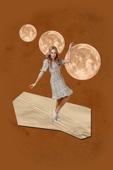 Zine 3d poster art collage of happy girl guy stand space galaxy moon planet cosmos discovery...