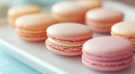 Obraz premium Delicate pastel macarons on a white surface, close-up