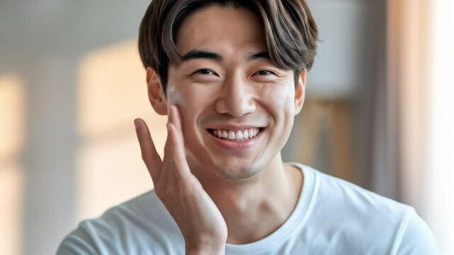 Smiling young Asian man applies face cream, showcasing skincare routine and positive self-care