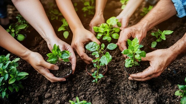 A diverse group of sustainable people holding plants in an eco friendly environment for nature conservation.