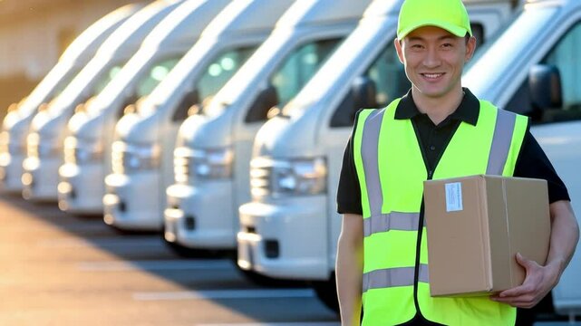 Delivery driver with package, thumbs up, against row of vans, showcasing efficient delivery service and positive attitude
