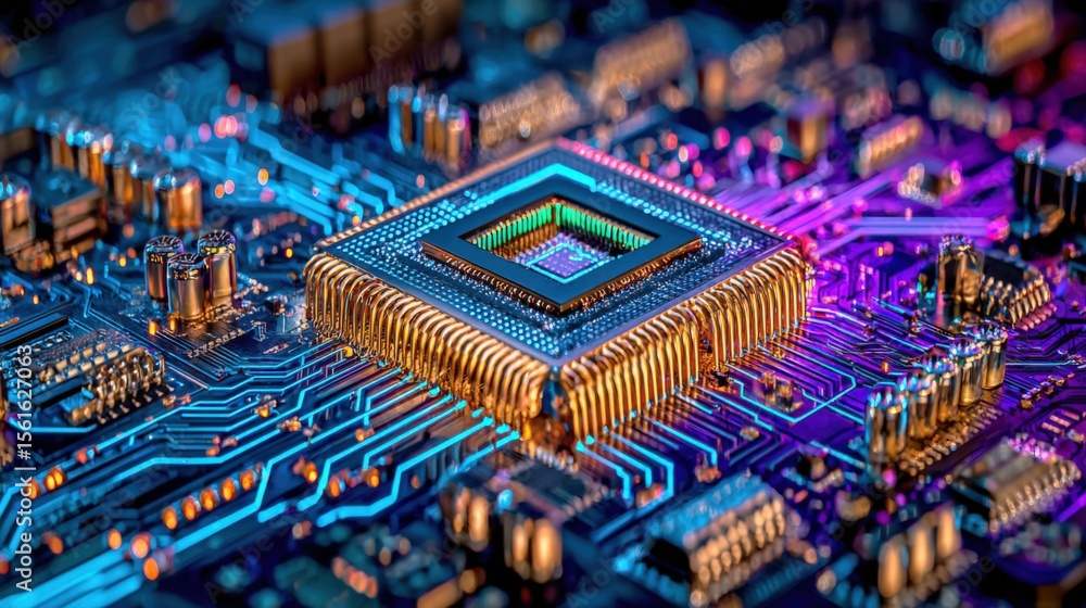 Poster Highly detailed close-up of a colorful computer microprocessor with circuit board.