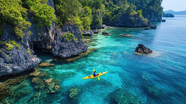 Aerial drone view of man kayaking in crystal clear lagoon sea water during summer day