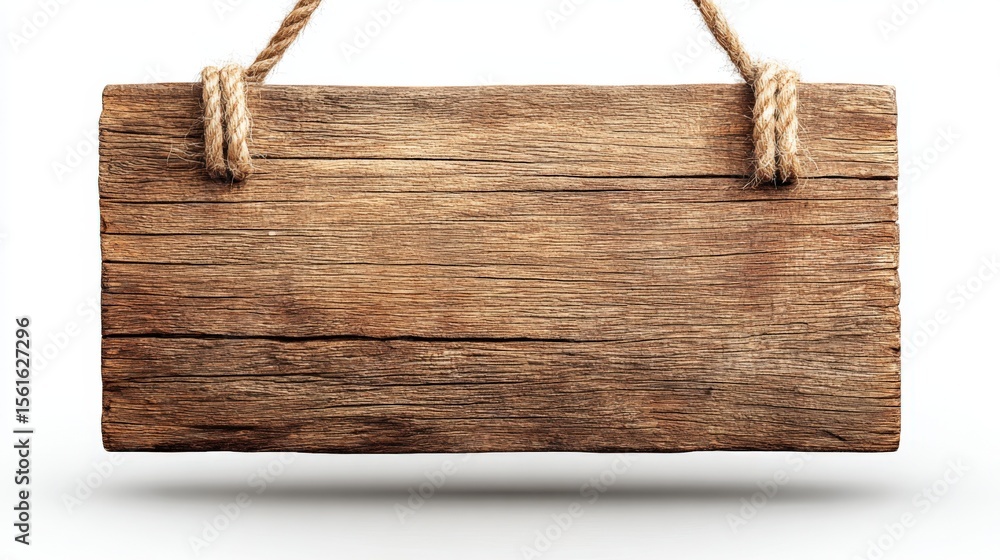 Poster rustic wooden signboard hanging from rope with blank space for text display.