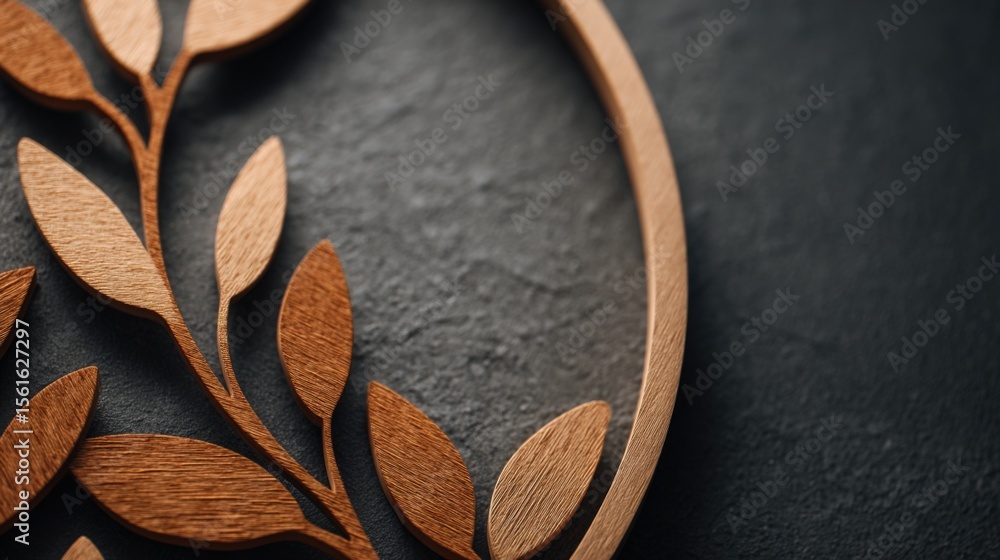 Poster elegant wooden decorative branch design on dark textured background with shadow.