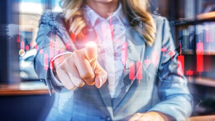 Businesswoman Analyzing Stock Market Trends with Interactive Digital Interface