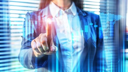 Businesswoman Engages with Digital Interface in Modern Office Environment