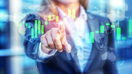 Businesswoman Engaging with Global Digital Stock Market Interface