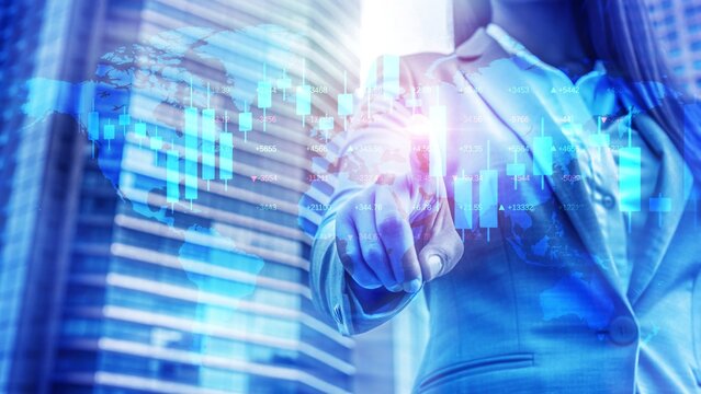 Businesswoman Touches Virtual Global Financial Chart Interface in Urban Setting