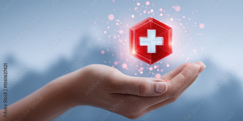Poster hand holding futuristic glowing red shield with white cross symbol in sky.