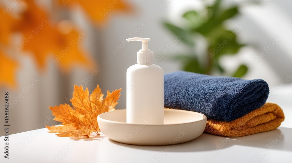 Poster elegant home spa setup with soap dispenser towels and autumn decorative leaves.