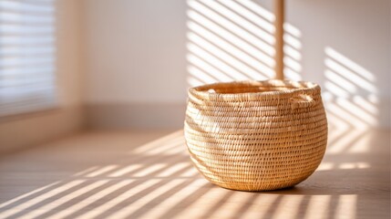 Cozy Warm Natural Rattan Woven Basket Sunlight Shadows Minimalist Decor.