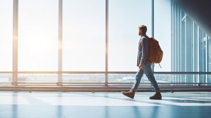 Fototapeta premium Traveler with backpack walking through modern airport terminal with large glass windows.